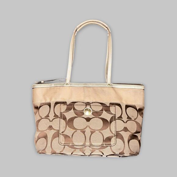 Coach Signature Jacquard Beige & Brown Tote Bag - Picture 1 of 6